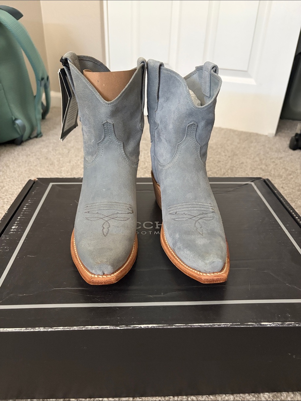 Lucchese Elena Light Blue Suede Western Ankle Boots